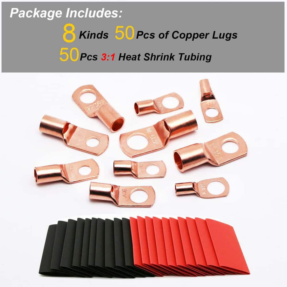 Unbranded 100-Pack AWG 6 8 10 12 Copper Ring Terminals with Heat Shrink Tubing, Tinned for Corrosion Protection, 600V 257°F (3)