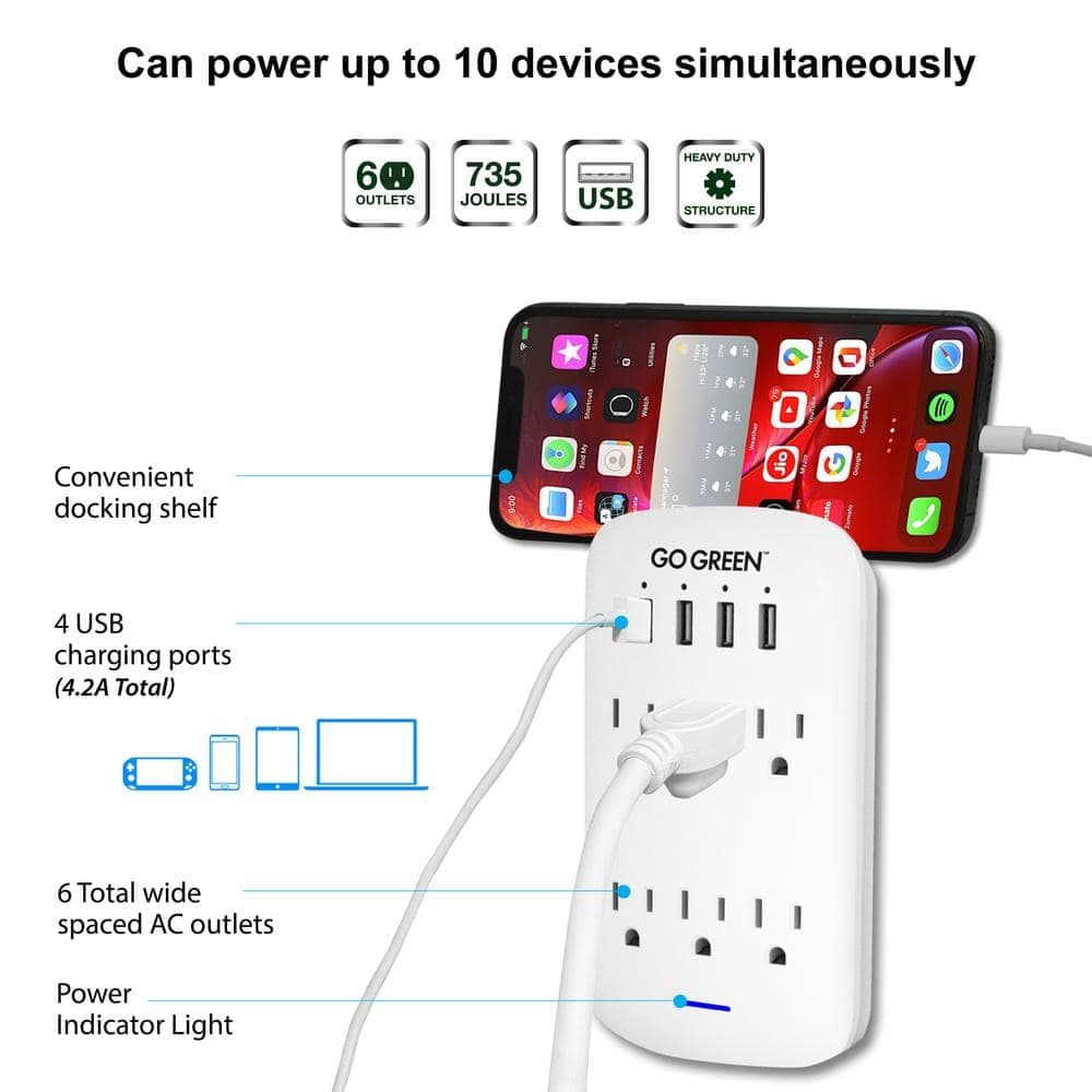 GoGreen Power 6-Outlet Wall Tap with 4 USB Ports, 735 Joules Surge Protection, 4.2A USB (3)