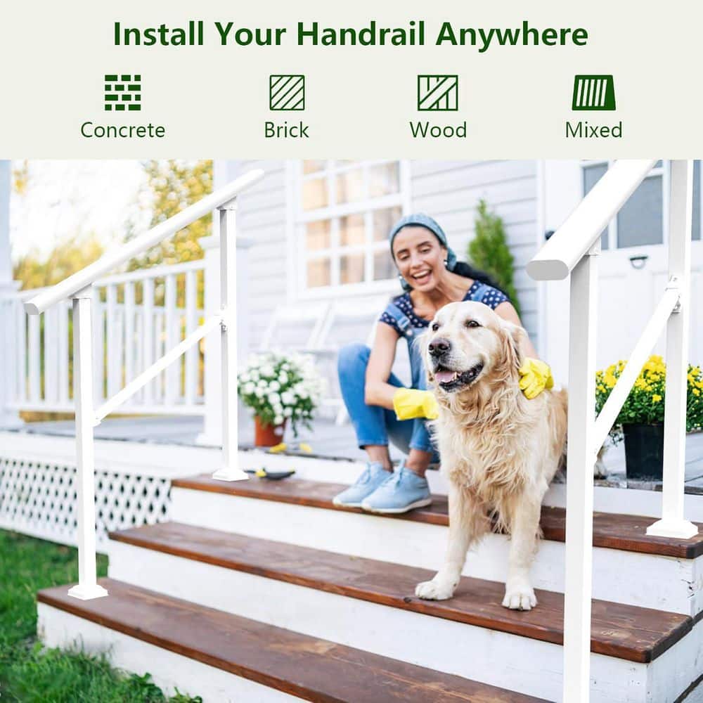 Afoxsos Galvanized Steel Hand Rails for Outdoor Steps 3-Step Stair Railing Easy Install Adjustable Angle Pure White (2)