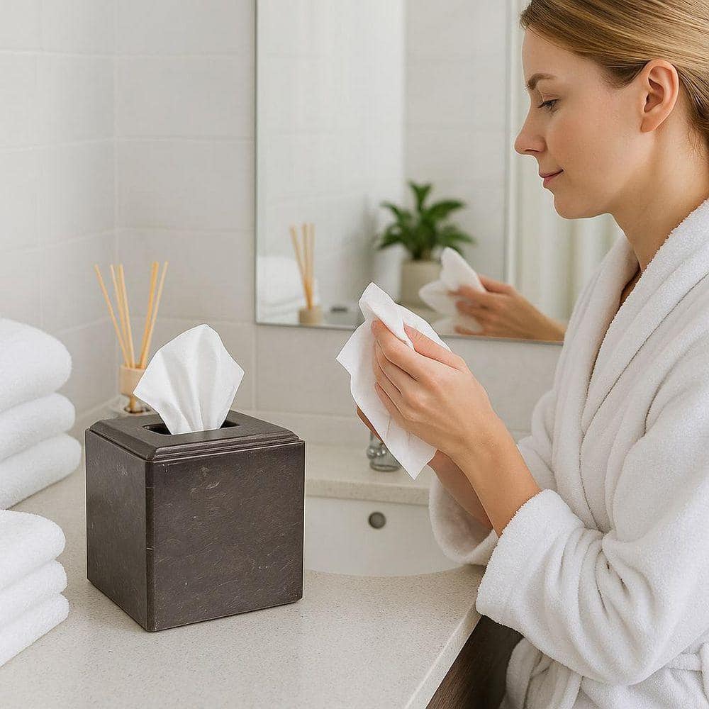 Creative Home Natural Charcoal Marble Tissue Box Holder, Tissue Box Cube Cover for Bathroom Countertop Organize (3)