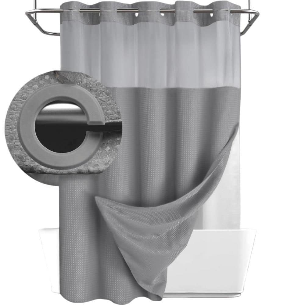 Numhew No Hook  75 in. L x 72 in. W Shower Curtain with Snap in Fabric Liner Set, Waffle Shower Curtain, Gray (1)