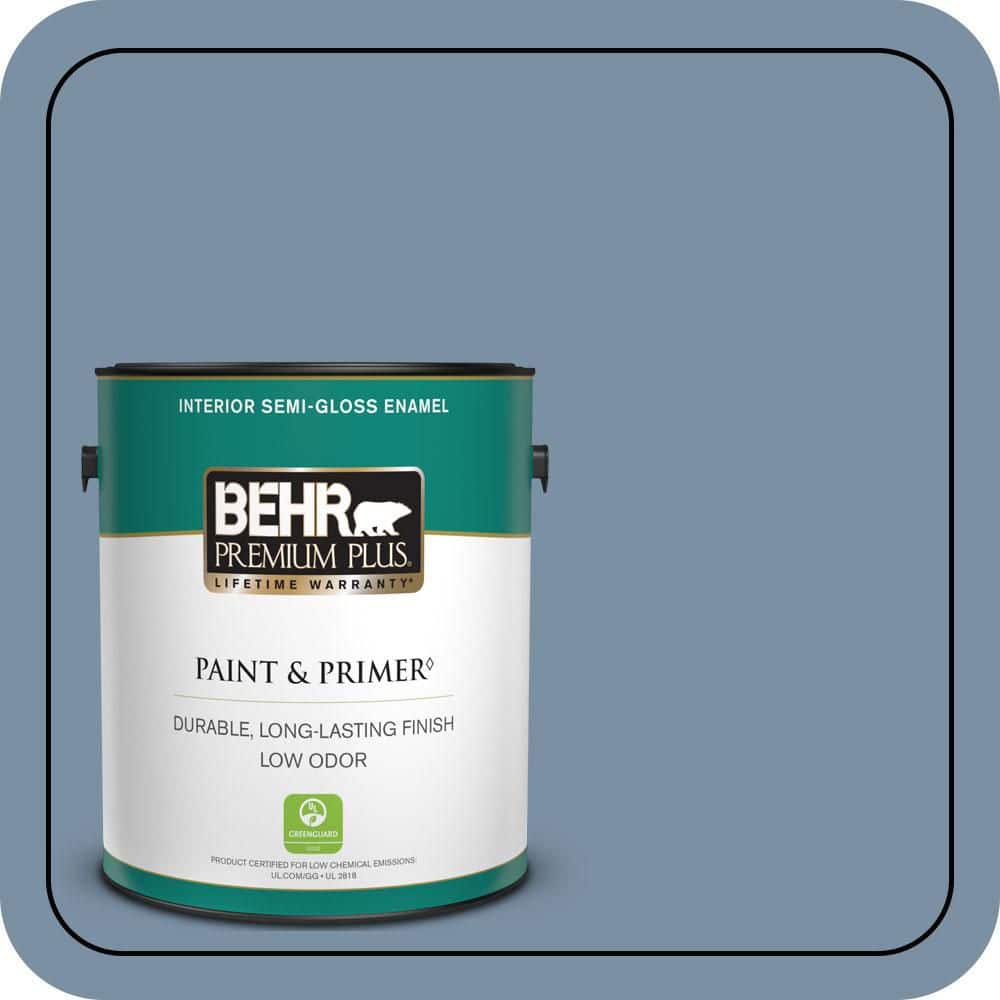 BEHR PREMIUM PLUS 1 gal. #S510-4 Jean Jacket Blue Semi-Gloss Enamel Low Odor Interior Paint & Primer