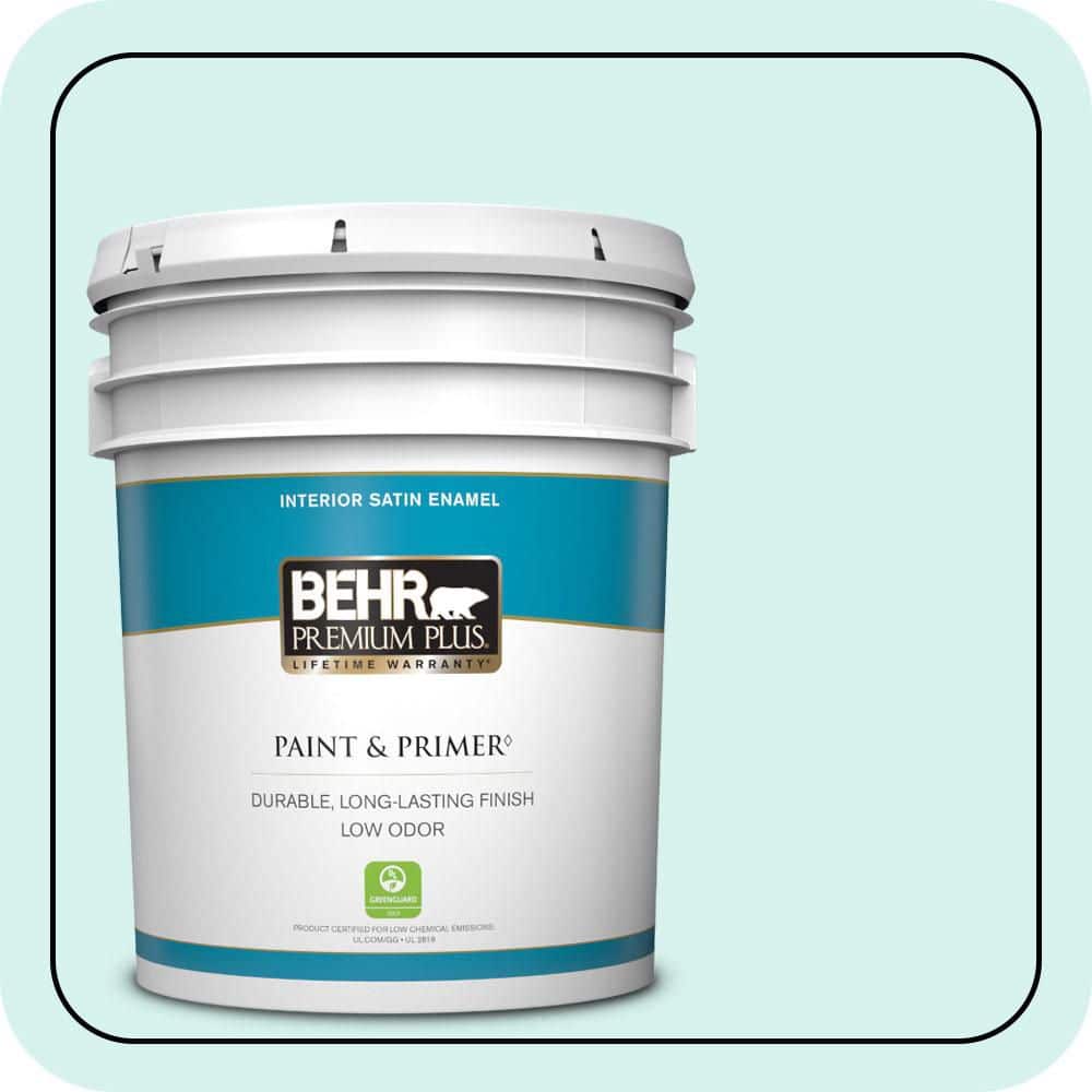 BEHR PREMIUM PLUS 5 gal. #P450-1 Sea Ice Satin Enamel Low Odor Interior Paint & Primer