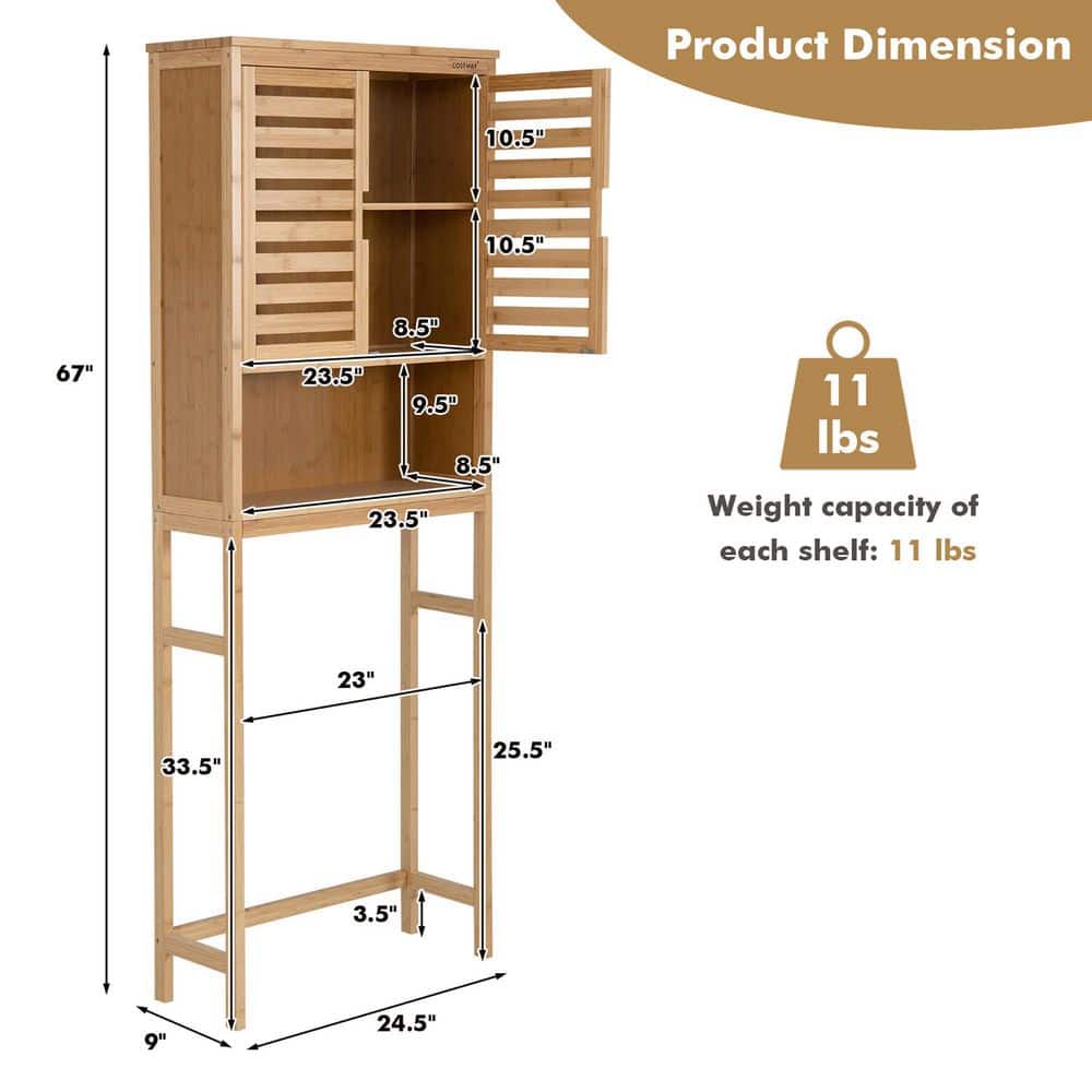 Costway 24.5 in. W x 67 in. H x 9 in. D Beige Wood Over-the-Toilet Storage in Beige Spacesaver Adjustable Shelf Bamboo (3)