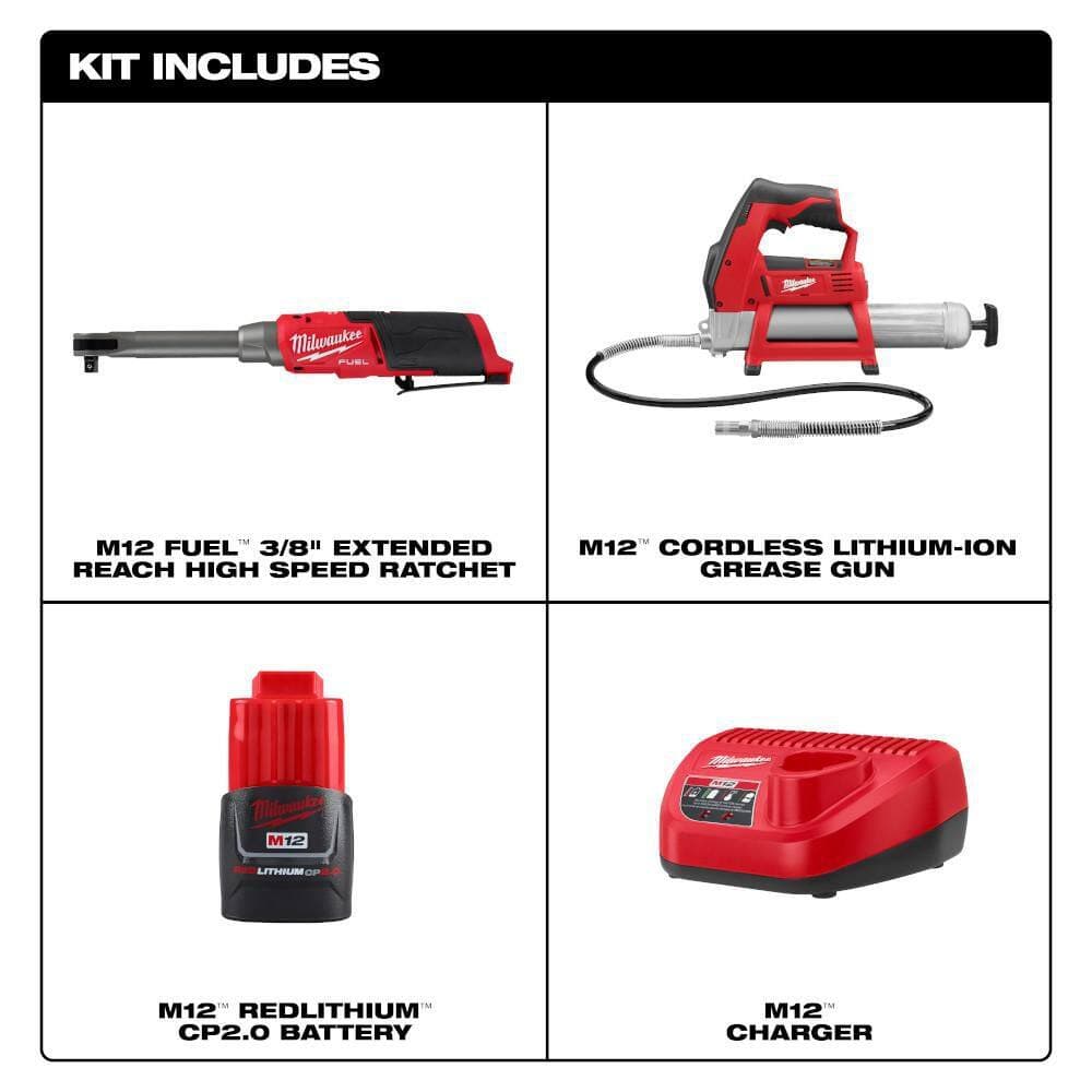 Milwaukee M12 FUEL 12V Lithium-Ion 3/8 in. Brushless Cordless Ratchet Extended Reach High Speed Kit with Grease Gun (2)