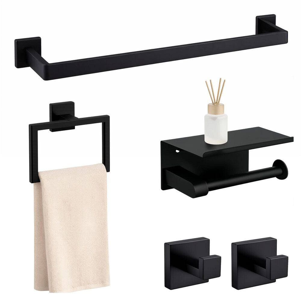 Anqtovp 5-Piece Bathroom Hardware Set with Towel Bar Towel Ring Paper Holder Shelf Robe Hooks in Matte Black (3)