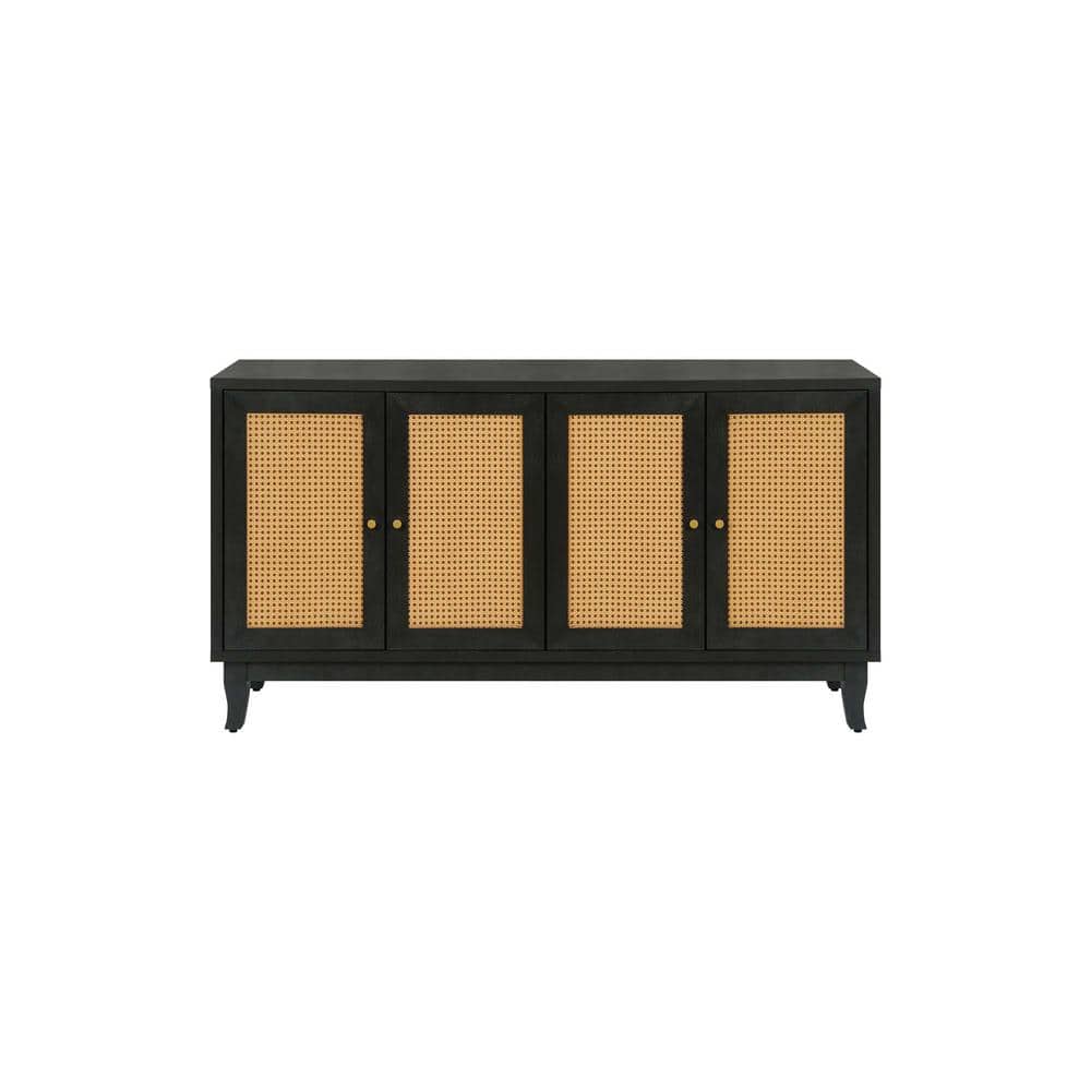 Unbranded 59.8 in. W x 15.5 in. D x 32.3 in. H Dark Gray Linen Cabinet with 4-Rattan Doors, Adjustable Shelves