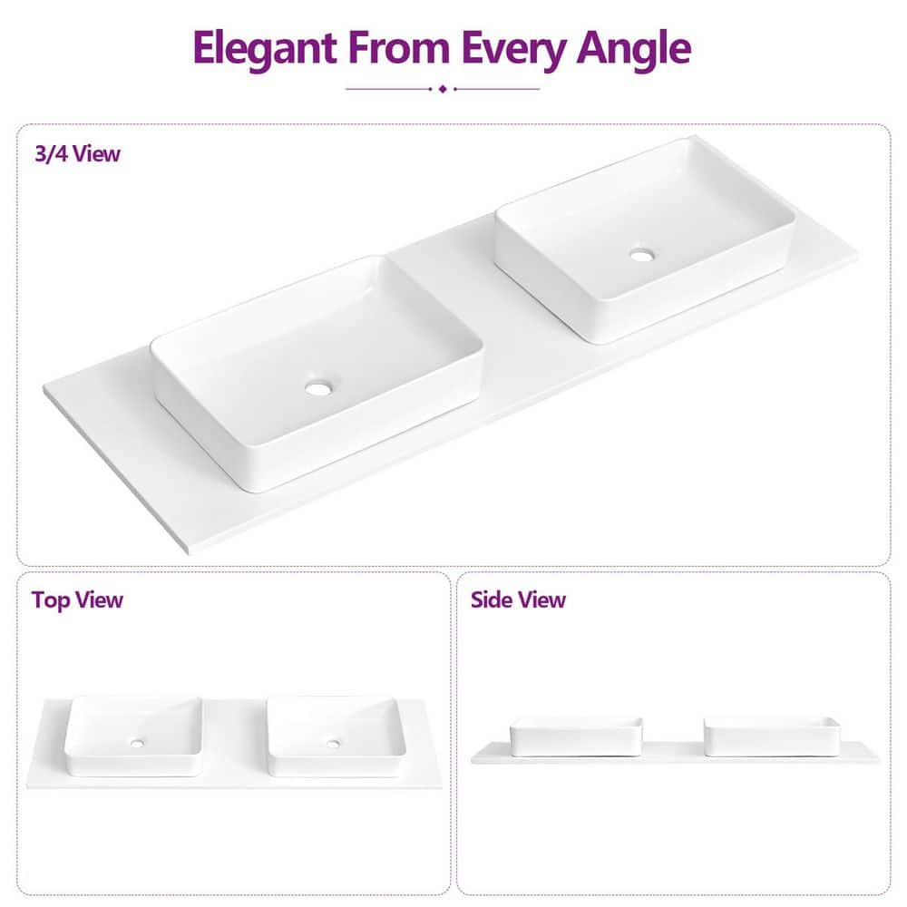 YASINU 60 in. W 19.48 in. D Quartz Vanity Top with Dual Rectangular Vessel Sink Super White (4)