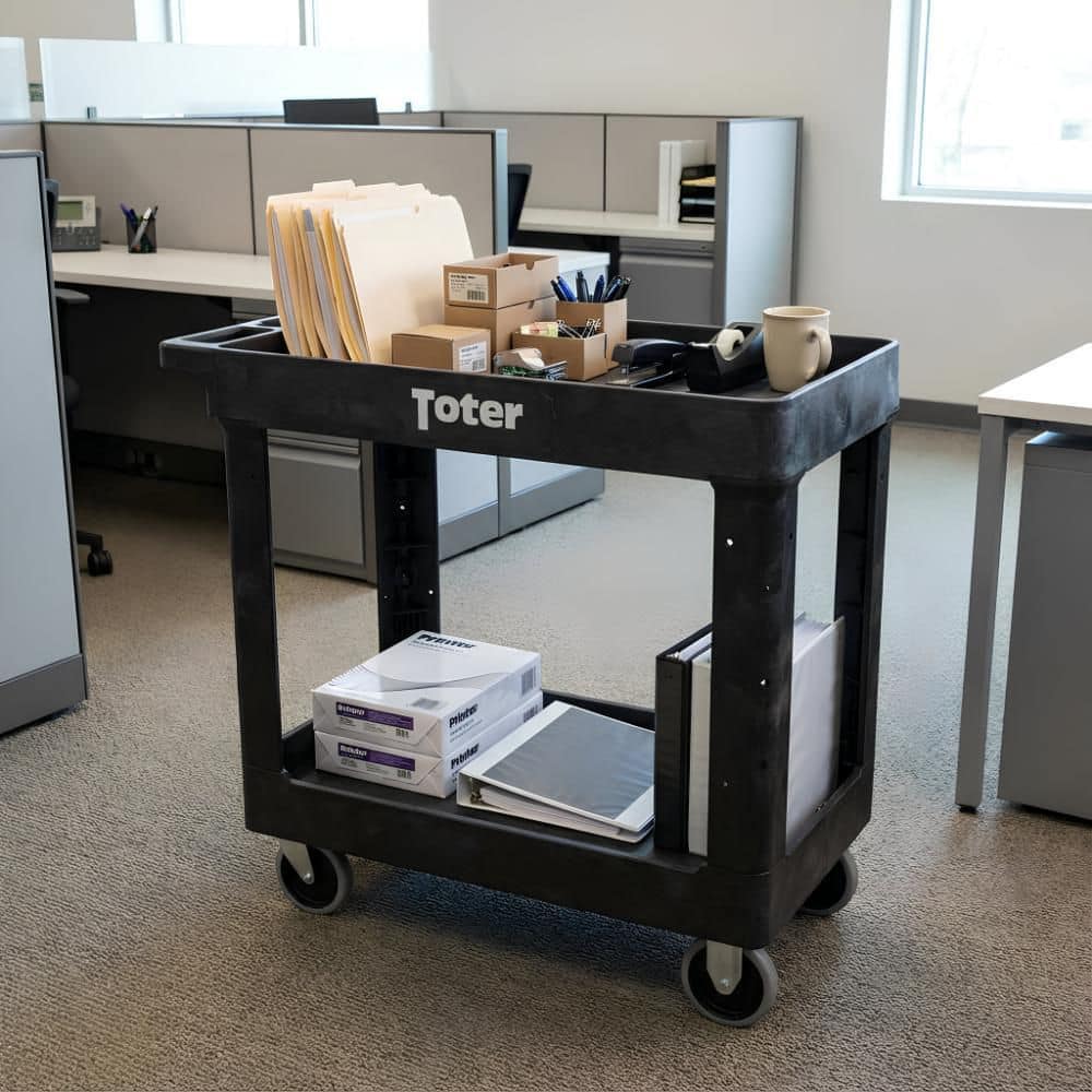 Toter 550 lbs. Capacity 34.5 in. x 16.5 in. x 32.5 in. Black Plastic 2-Tier 4-Wheeled Lipped Top Straight Handle Utility Cart (2)
