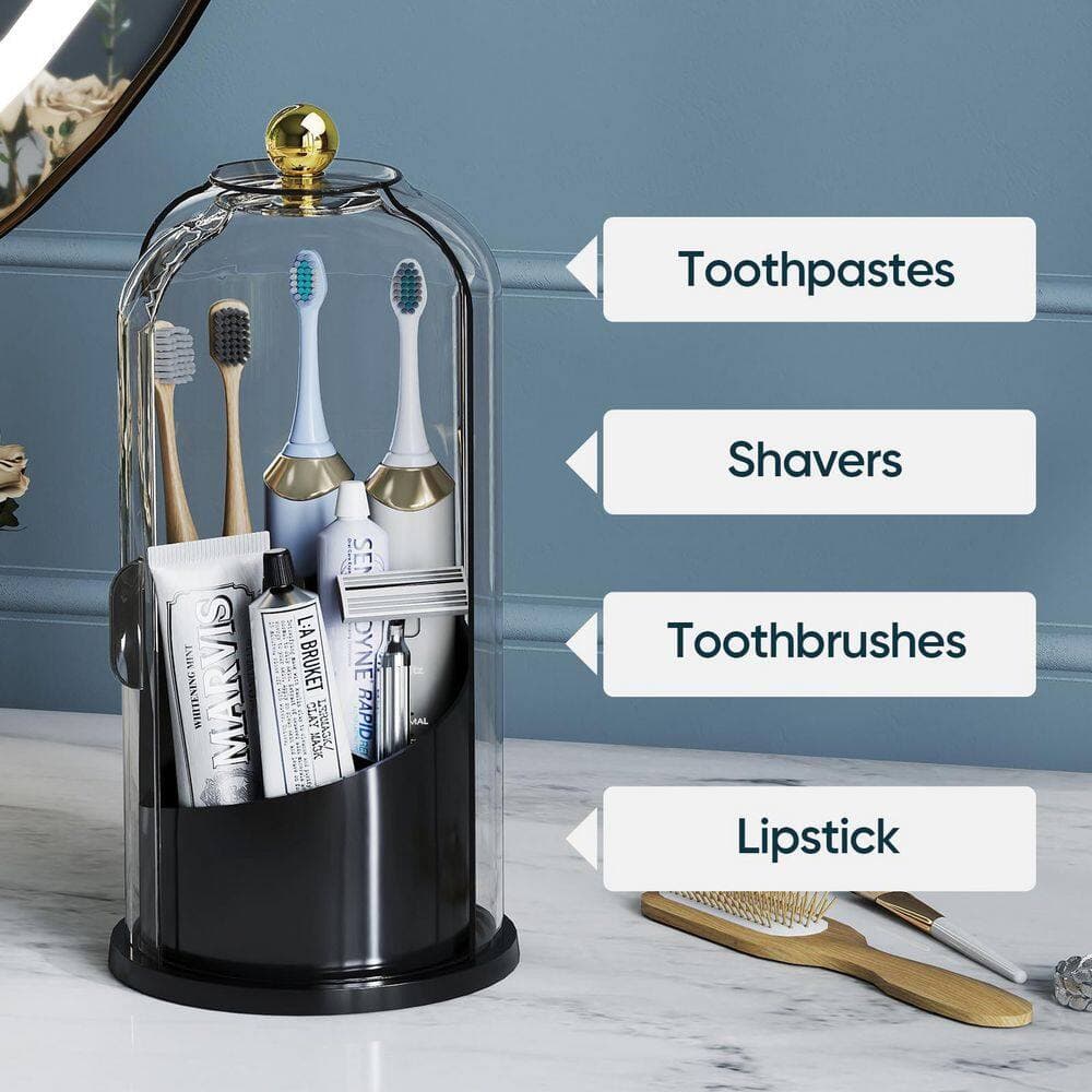 Wudkey Covered Toothbrush Holder with 180° Dustproof Sliding Lid, Toothbrush Organizer with 360° Smooth Rotating Base in Black (3)