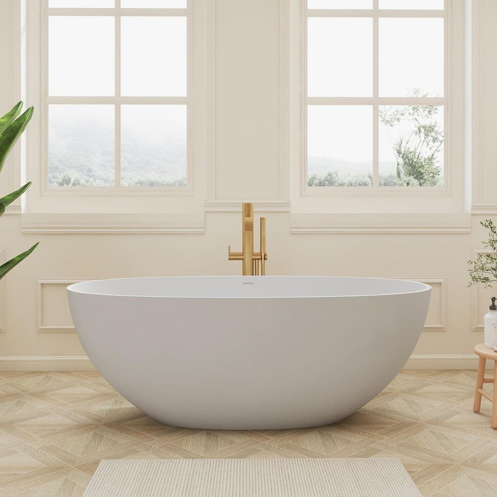 SJ STAR&JANE Ula 61 in. x 29 in. Freestanding Soaking Bathtub Solid Surface Stone Resin Tub with Center Drain in Repose-Gray (1)