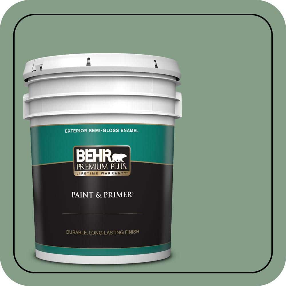 BEHR PREMIUM PLUS 5 gal. #S410-5 Track Green Semi-Gloss Enamel Exterior Paint & Primer