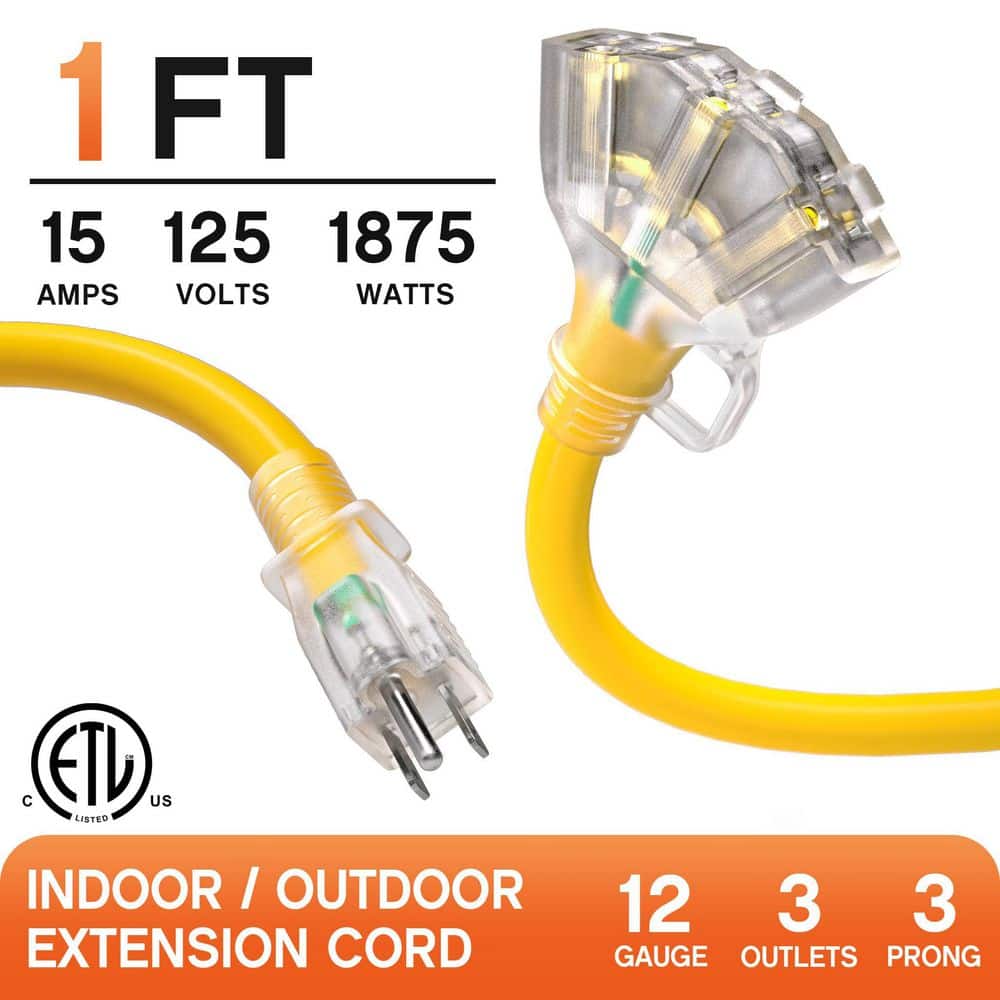 Unbranded 1 ft. 12 Gauge 3-Conductor SJTW Outdoor Extension Cord Splitter with Tri-Tap Lighted End and Foot Switch Yellow (3)