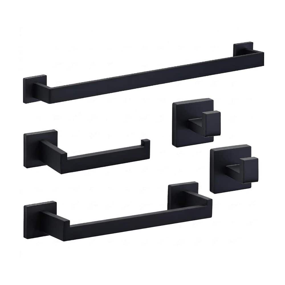 Anqtovp 5 Piece Matte Black Bathroom Hardware Set with Towel Bar, Towel Rack, Toilet Paper Holder, 2-Towel Hooks (1)