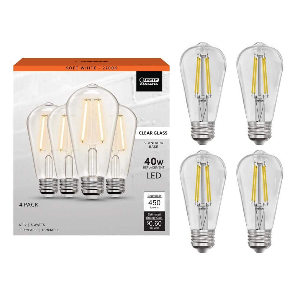 Feit Electric 40W Equivalent ST19 Dimmable Straight Filament Clear Glass E26 Vintage Edison LED Light Bulb, Soft White 2700K (4-Pack)
