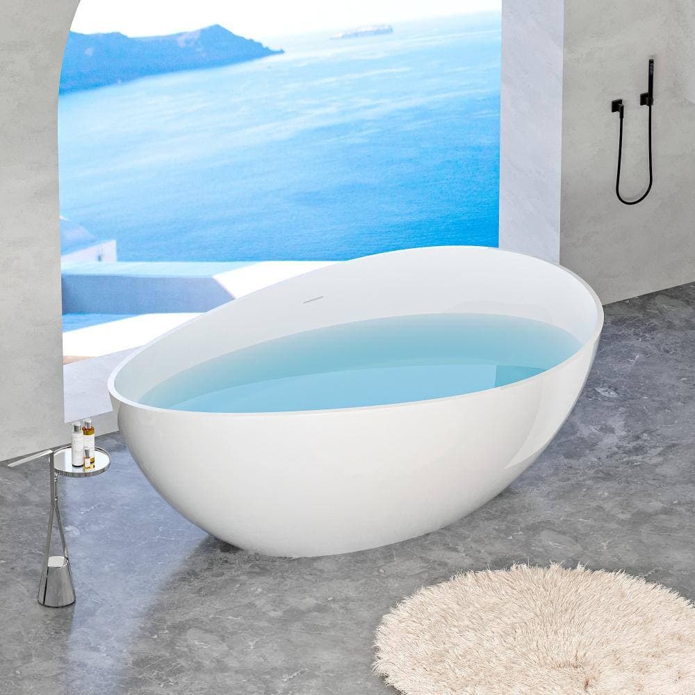 Aionor 63 in. x 37.4 in. Freestanding Solid Surface Stone Resin Soaking Bathtub with Drain & Overflow in Glossy White (2)