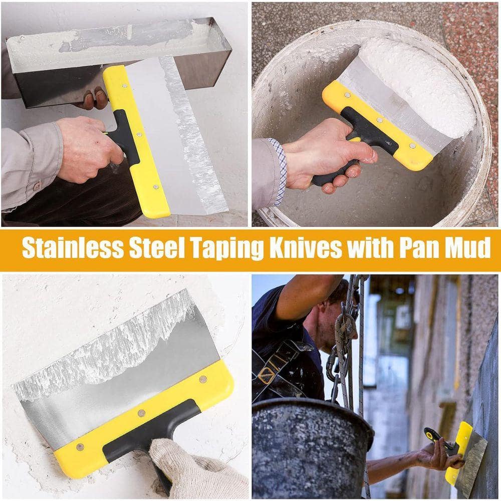 KIWDZFU 8-Piece Stainless Steel Drywall Hand Tool Kit with Ergonomic Handles Taping and Putty Knives Finishing Trowel Mud Scoop (3)