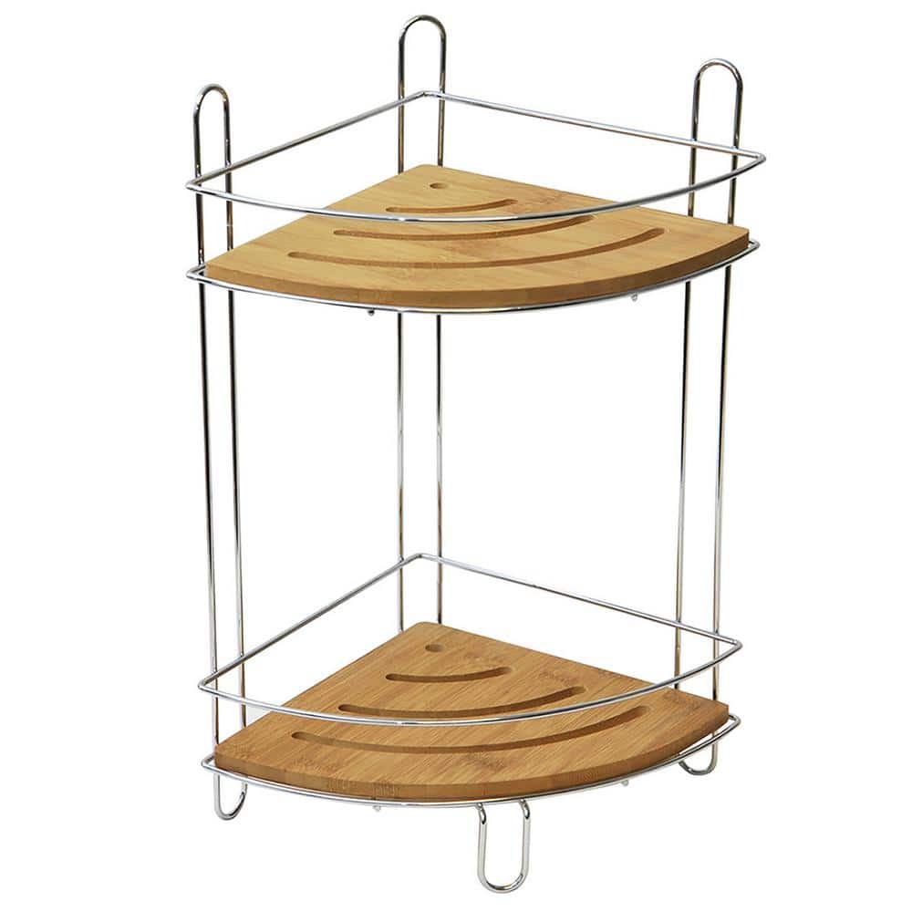 EVIDECO French home goods Corner 7.8 in. W x 14.4 in. H x 7.8 in. D Bamboo Triangle 2 Shelves in Chrome Metal (1)