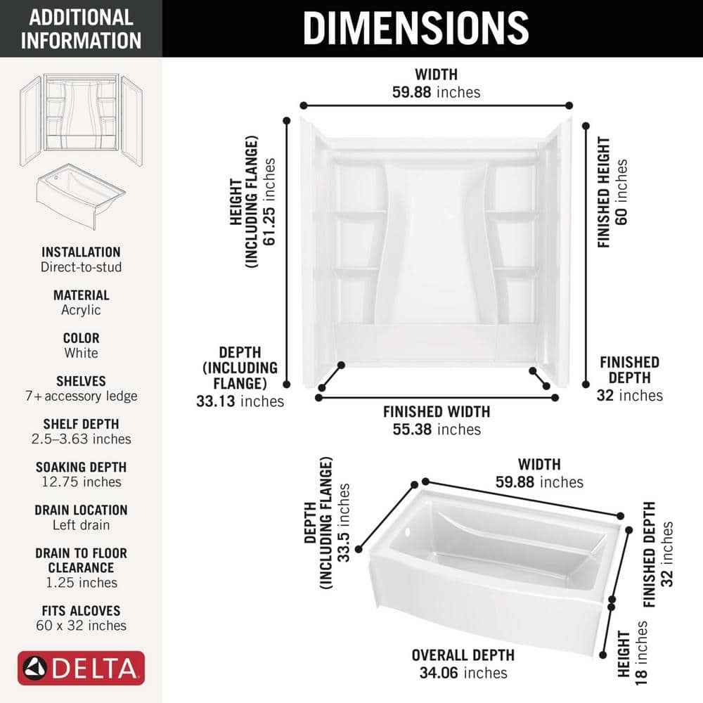 Delta Classic 500 Curve 32 in. 60 in. 60 in. Alcove Rectangular Bathtub and Shower Combo (3)