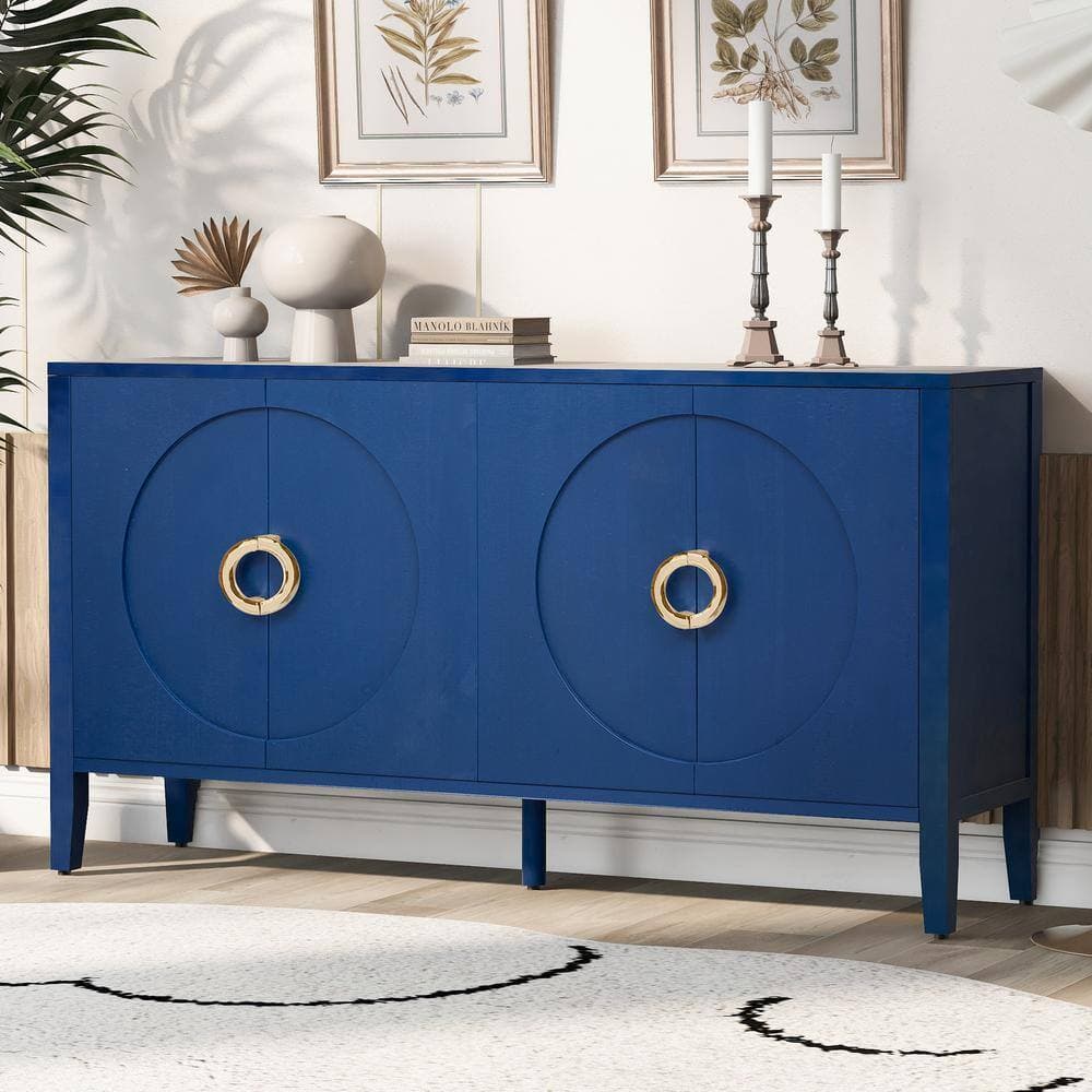 Unbranded 59.8 in. W x 15.7 in. D x 32 in. H Blue Linen Cabinet with Textured Finish and 4 Doors for Corridor Living Room (2)