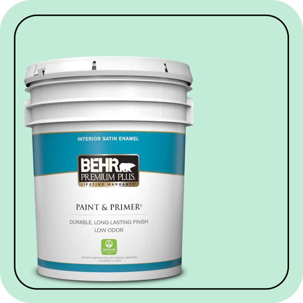 BEHR PREMIUM PLUS 5 gal. #470A-2 Seafoam Pearl Satin Enamel Low Odor Interior Paint & Primer