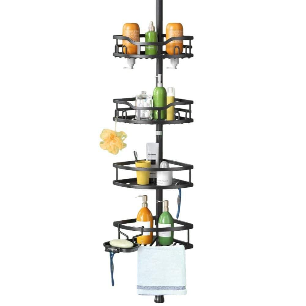 Numhew 4-Tier Adjustable Corner Shower Caddy for Bathroom Organizer with Soap and Rod Standing Rack, Quick Install, Black