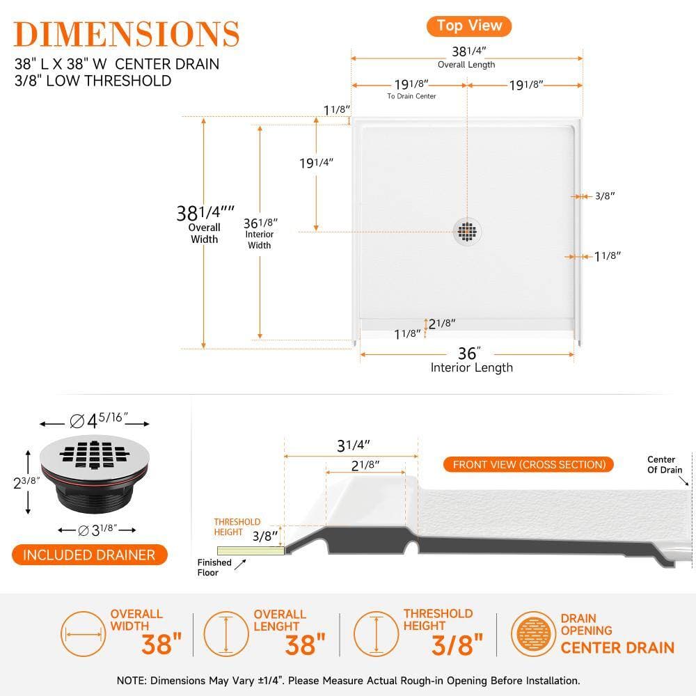 CRENRIDGE AVORA 38 in. L x 38 in. W Alcove Acrylic Shower Pan Base with Center Drain, Low Threshold, Slip-Resistant Floor in White (2)