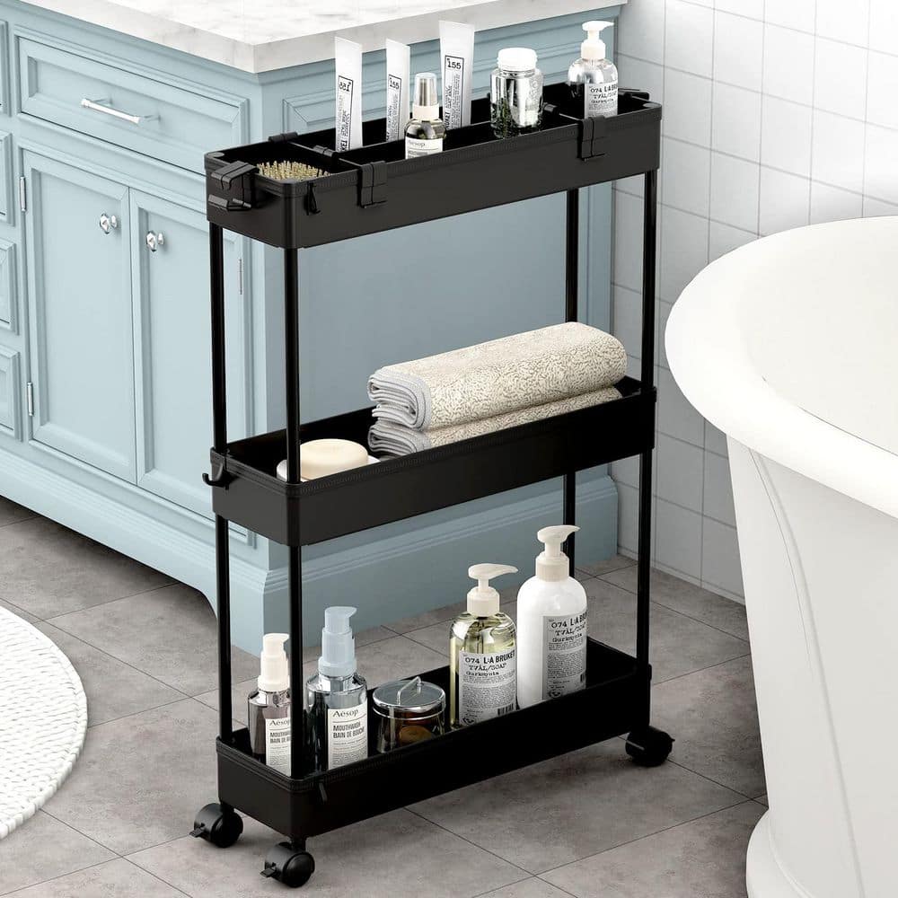 Numhew Slim Rolling 3-Tier Narrow Slide-Out Mobile Vanity Organizer Cart in Black for Bathroom, Kitchen, Office, Laundry Room (3)