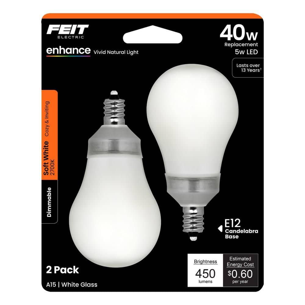 Feit Electric 40-Watt Equivalent A15 Candelabra Dimmable Filament CEC White LED Ceiling Fan Light Bulb, Soft White (2-Pack) (4)