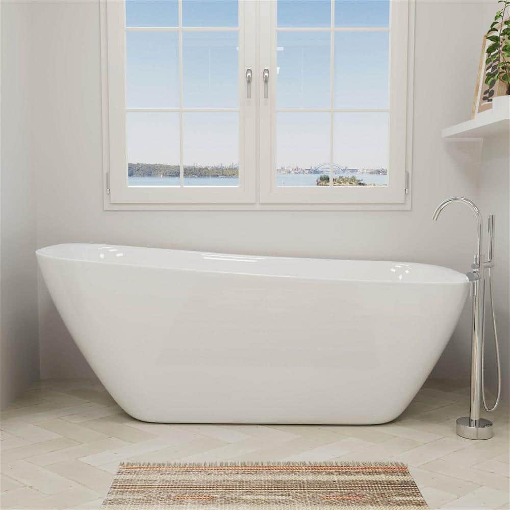 Mokleba Acrylic Freestanding Bathtub Flatbottom Soaking SPA Tub with Polished Chrome Drain Bathtub
