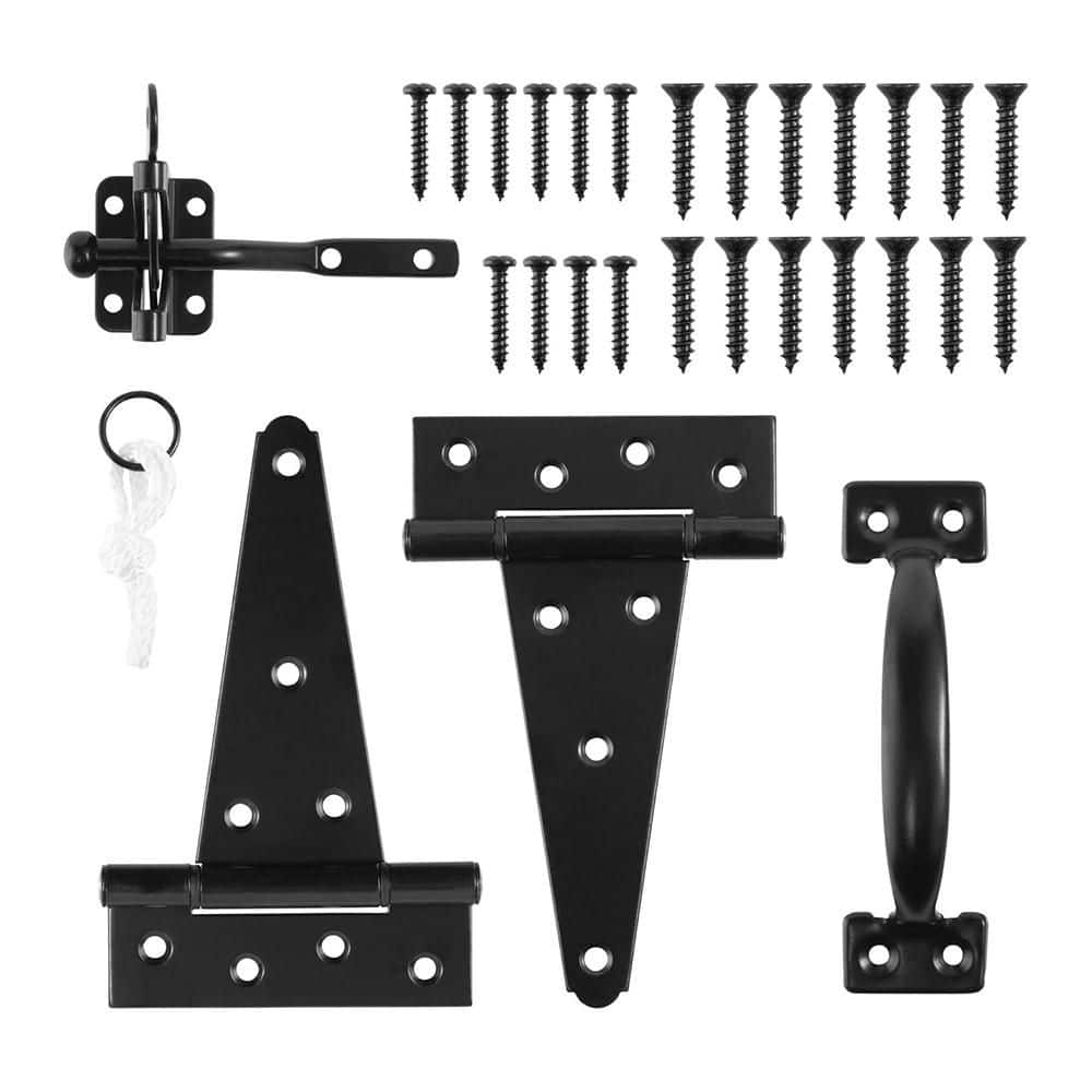 Afoxsos Steel Black Heavy Duty Gate Hardware Kit with Self-Locking Latch and 6 in. T-Hinges (3-Pack) (1)