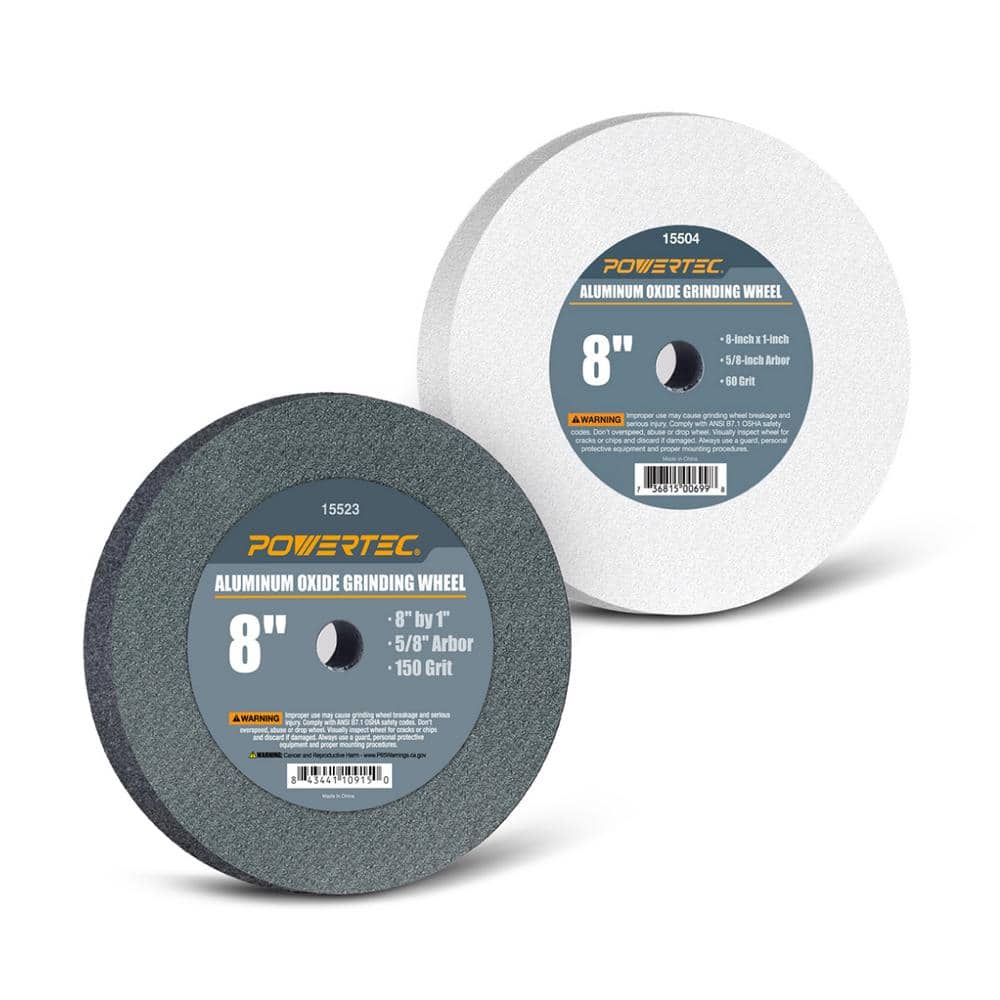 ‎POWERTEC 8 in. x 1 in. x 5/8 in. 150-Grit and 60-Grit (White) Aluminum Oxide Grinding Wheels for Bench Grinder (2-Pack) (1)