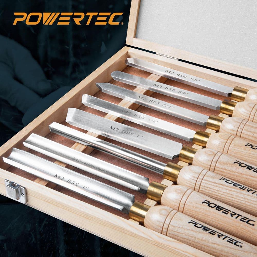‎POWERTEC 8-Piece HSS Lathe Chisel Set, Wood Turning Tools with Scrapers, Gouges, Skews (2)