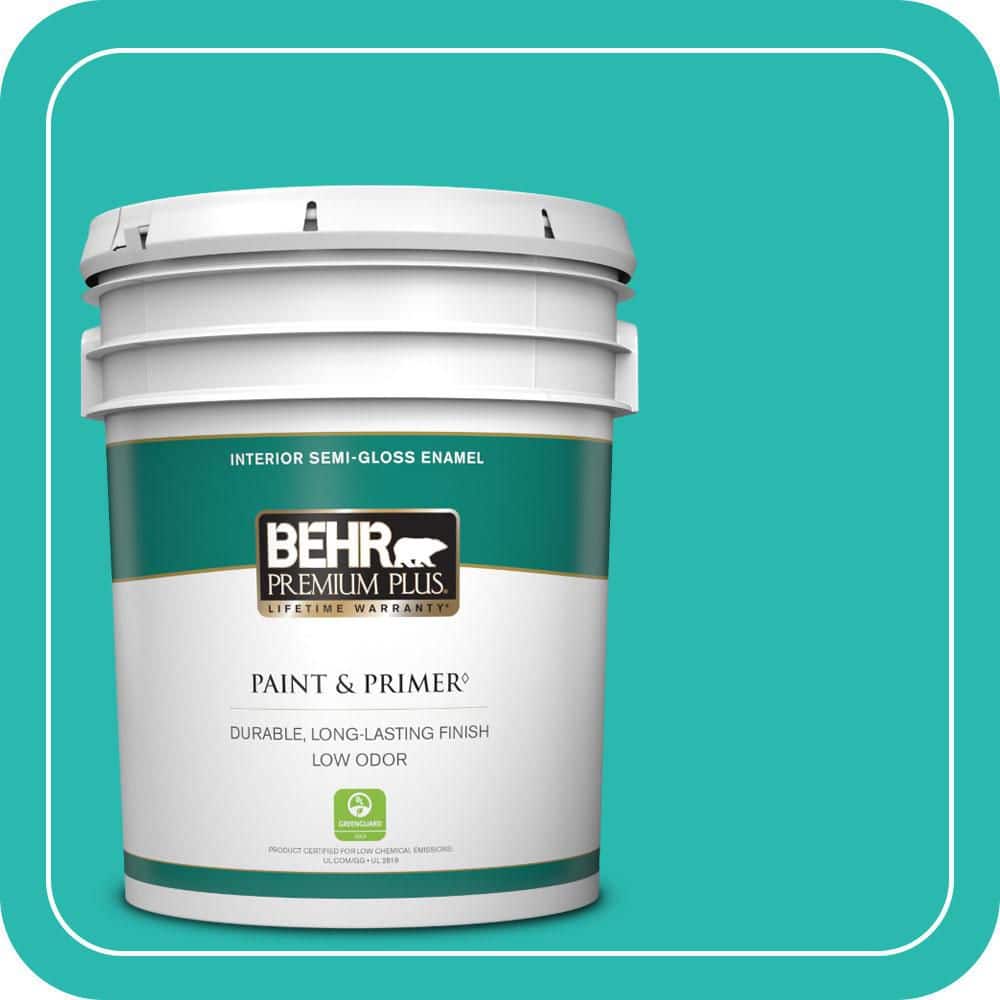 BEHR PREMIUM PLUS 5 gal. #P450-5 Island Aqua Semi-Gloss Enamel Low Odor Interior Paint & Primer