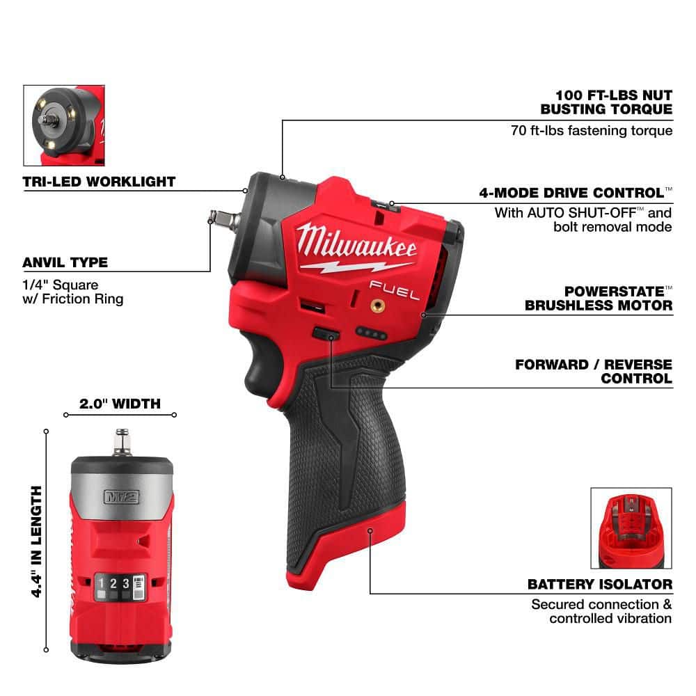 Milwaukee M12 FUEL 12V Lithium-Ion Brushless Cordless . Subcompact Impact Wrench w/ Friction Ring (3)