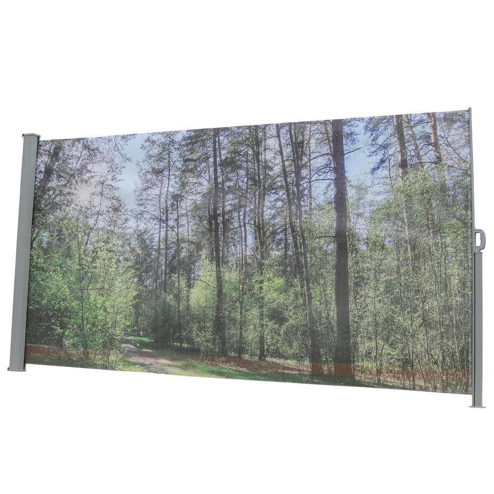 cenadinz 5.9 ft. x 11.5 ft. Gray Plastic Privacy Fence Retractable Side Awning Screen w/ UV Forest Printing for Garden (1)