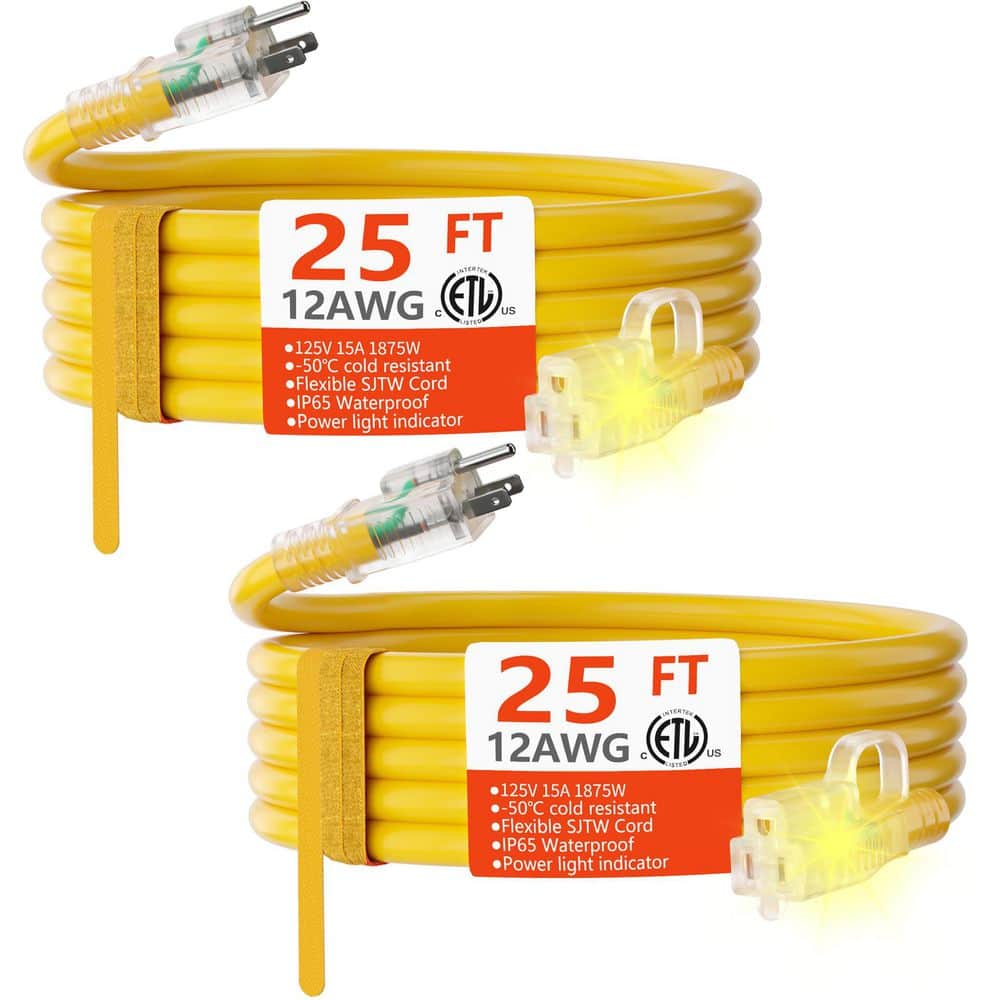 Unbranded 25 ft. 1875 Watt 12 Gauge 1-Conductor SJTW Heavy Duty Outdoor Extension Cord with Lighted End Yellow Waterproof 2 Pack