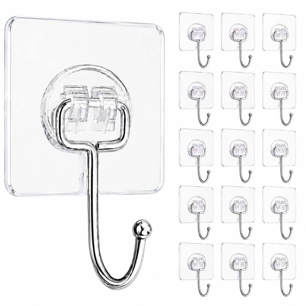 Unbranded Large 16-Pack Clear Adhesive Hooks, 33 lb Max Load, Waterproof Wall Hooks for Keys and Robe Towel Use (1)