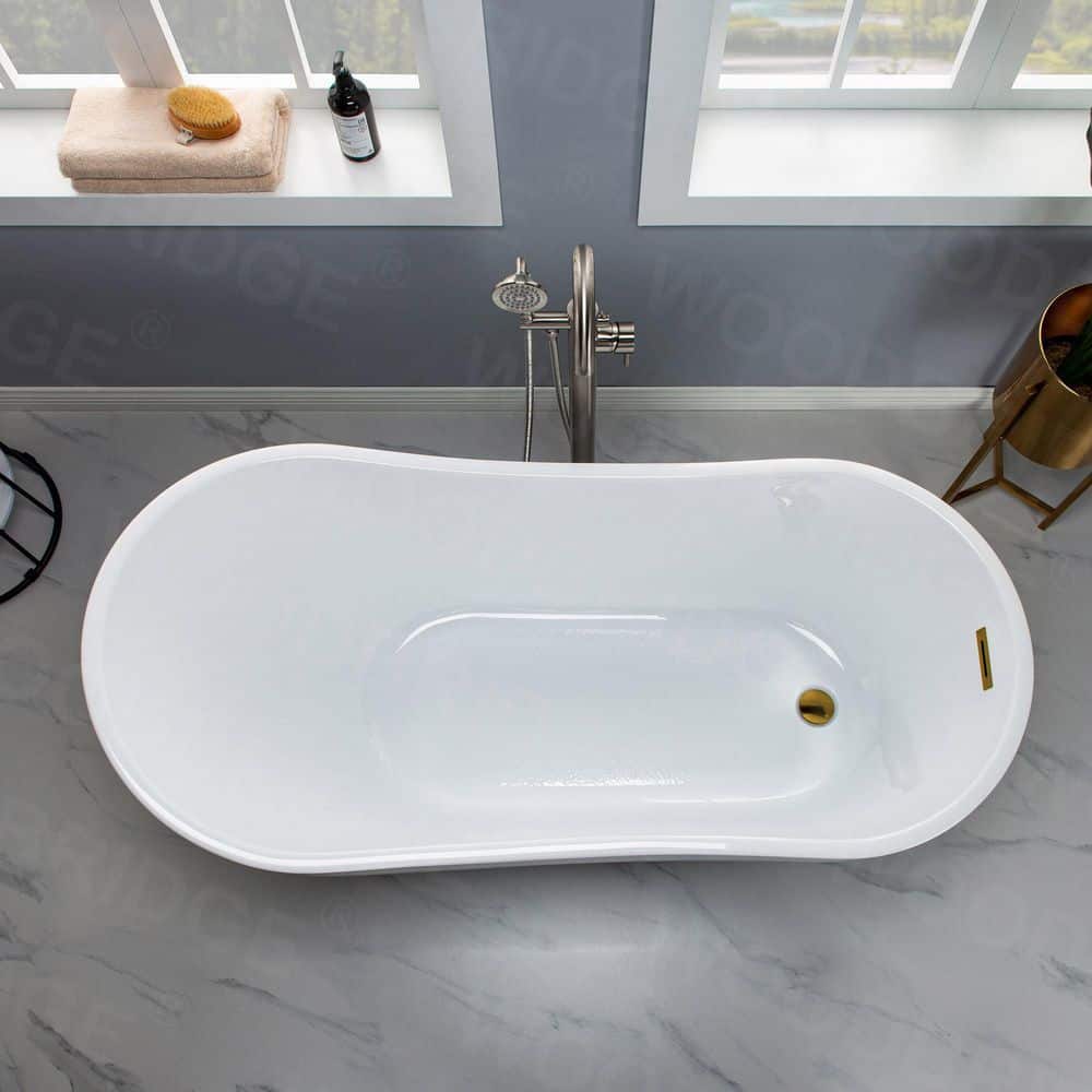 WOODBRIDGE Archie Acrylic FlatBottom Single Slipper Bathtub with Brushed Gold Overflow and Drain Included White (3)