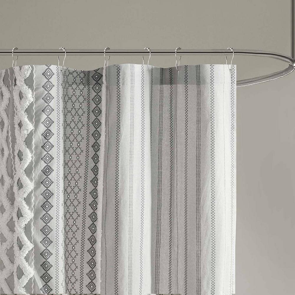 Unbranded Shower Curtain 72 in. W x 72 in. L Cotton Shower Curtain In Gray for Bathroom, 100% Cotton, with Tufted Chenille Stripe (2)