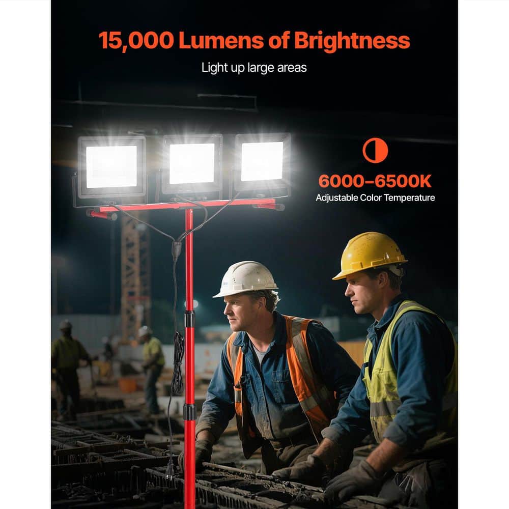 VEVOR LED Work Light with Stand, 15000 Lumens, 3-Head Portable, Individual Switch, 10.83 ft. Cord, IP65, for Indoor Outdoor (2)