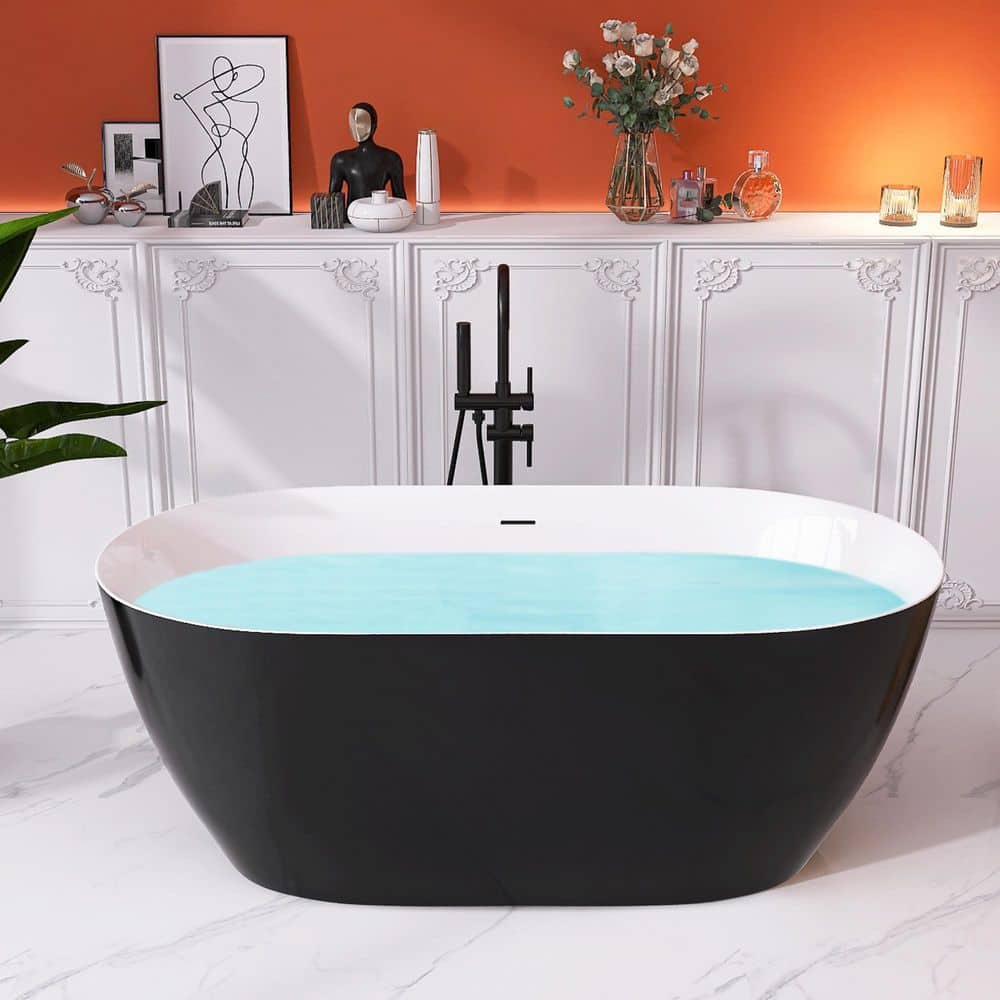 Getpro 59 in. x 30 in. Acrylic Freestanding Soaking Bathtub Flat Bottom Tub with Center Drain Free Standing Tub in Black (1)