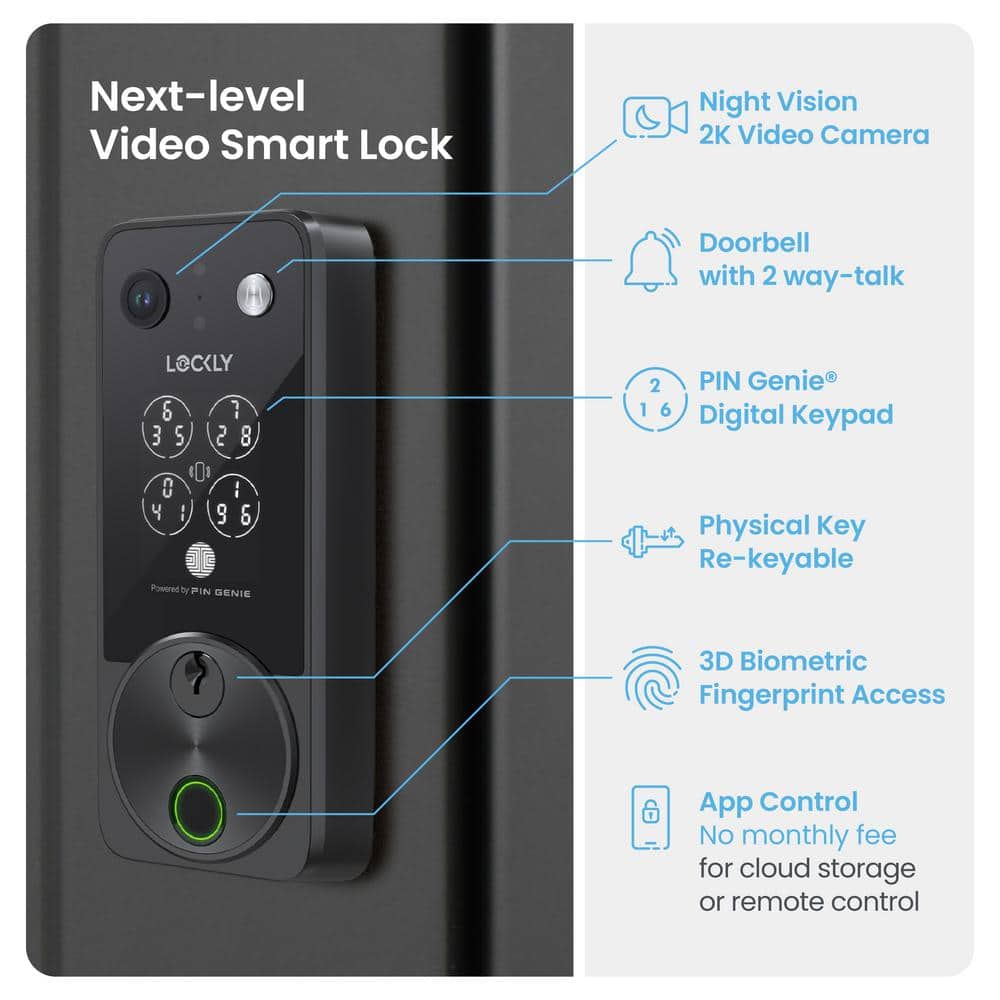 Lockly Vision 2K Video Zeno Matte Black Deadbolt Wi-Fi Doorbell Smart Lock,Home Key,Night Vision,Fingerprint, Siri/Alexa/Google (3)