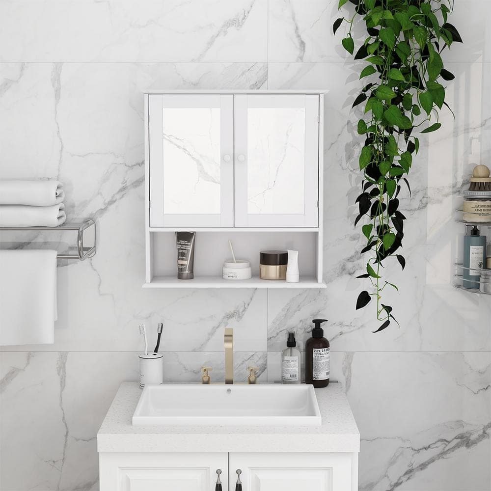Unbranded 22 in. W x 6.5 in. D x 23 in. H Bathroom Storage Wall Cabinet in White w Doule Mirror Doors and Shelvs for Small Space (3)