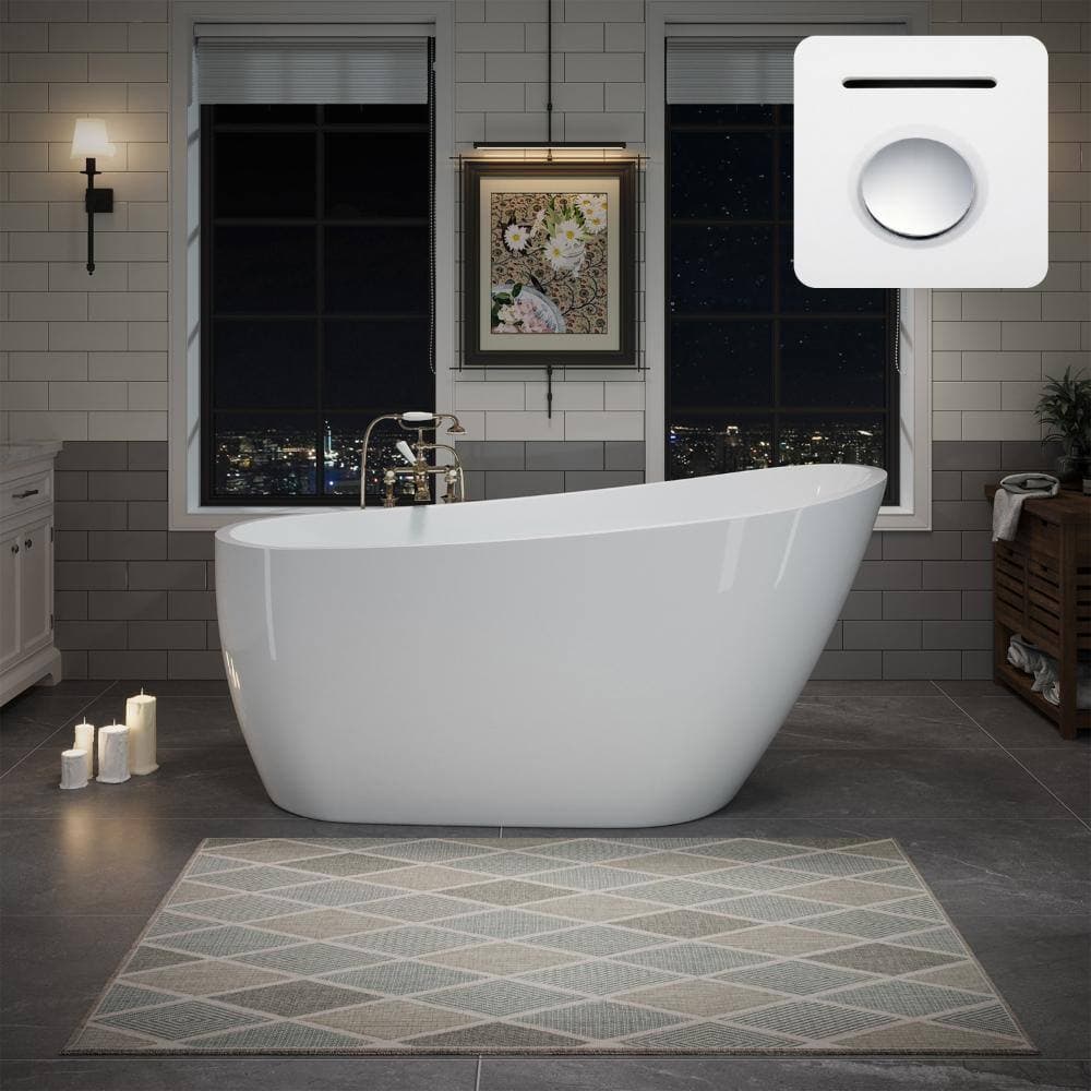 YSQCAR 60 in. x 29.5 in. Solid Surface Freestanding Soaking Bathtub with Center Drain in Glossy White, cUPC certified (2)