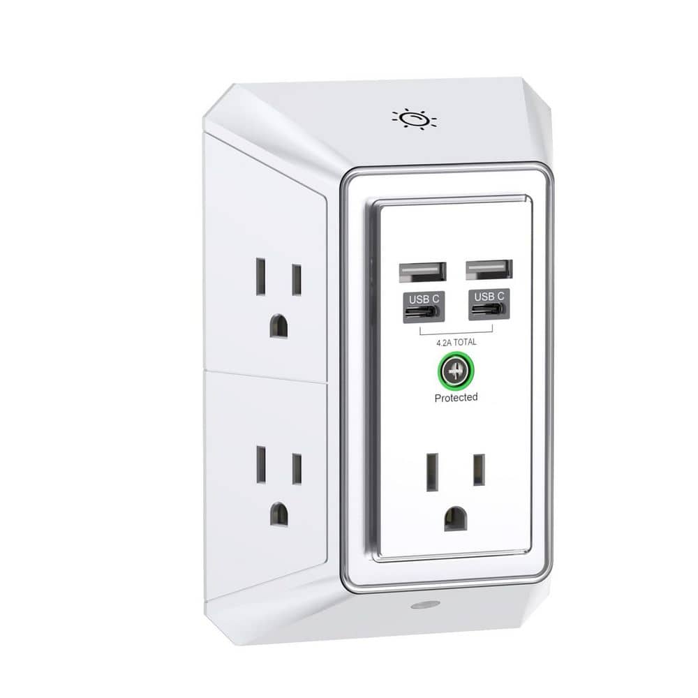 BIBIVIS 3-Sided Outlet Extender with Night Light, Multi Plug Outlet with 5 Outlets and 4 USB Ports(2 USB-C), ETL Listed, White (3)