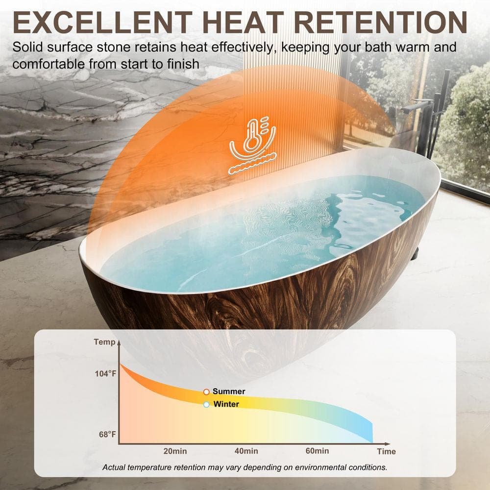 CASAINC 66.81 in. x 29.47 in. Flat Bottom Freestanding Solid Surface Soaking Bathtub with Center Drain in Wooden Brown (3)