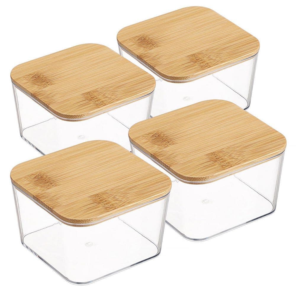 KHKFY Set of 4 Clear Square Plastic Apothecary Jars with Natural Bamboo Lids 3.34 x 3.34 x 1.96 in. Vanity Use (1)