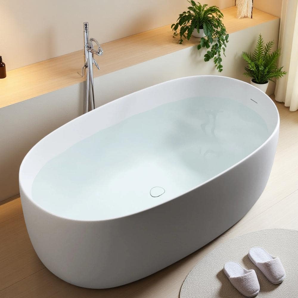 Cuschoice 47 Inch Solid Surface Freestanding Bathtub, Stone Resin Soaking Tub,Ergonomic Design, Pop-Up Drain & Overflow Included (1)