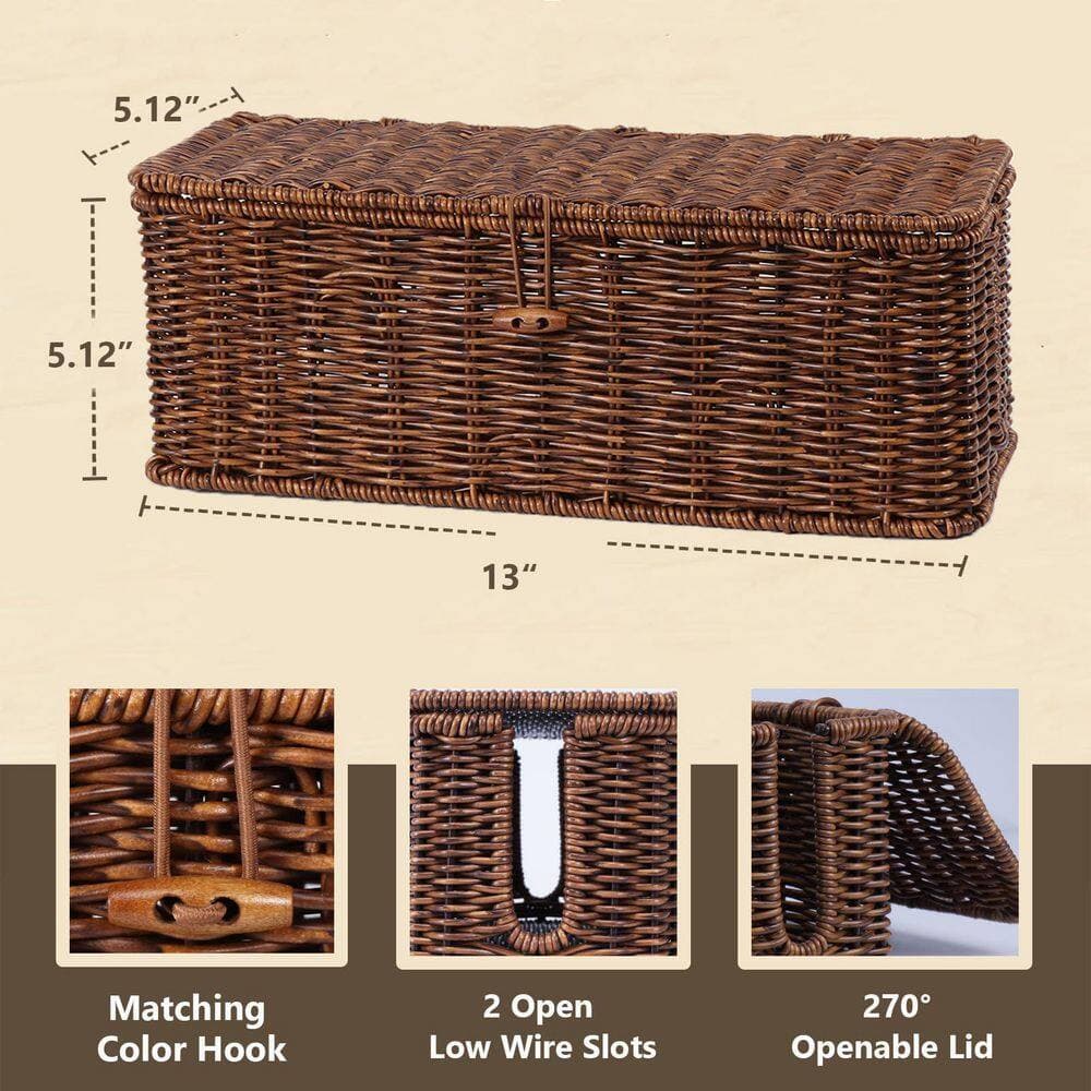 YICHUHAOXI Rattan Style Cord Organizer Box with Lockable Lid and Cable Ties Cord Hider Outlet Covers Beige 1 Piece (2)